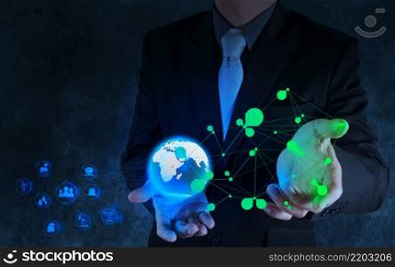 Software Engineer Businessman hands show all innovation technology virtual dashboard and 3d world and elements of innovation concept.