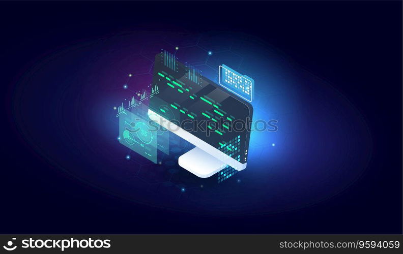 software programming coding concept. Program or web developer coding on computer. Screen with code, script and open windows.