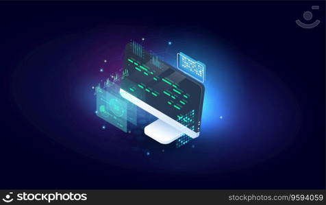 software programming coding concept. Program or web developer coding on computer. Screen with code, script and open windows.