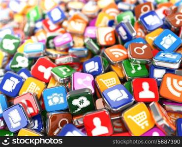 Software. Smartphone or mobile phone app icons background. 3d