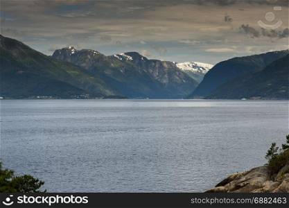Sognefjord in norway with mountains and balestrand as background