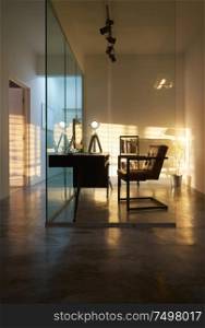 Soho office interior with sunset golden hour lighting and shadow , loft style interior design