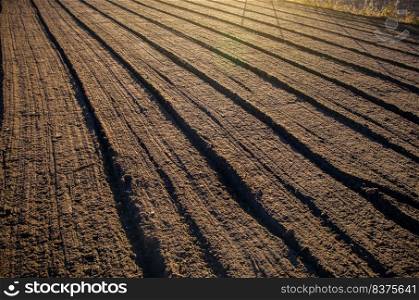 Soil after cultivation, mixing and grinding a field. Cultivated farm land in fall, preparing the soil for cutting rows for the next season. Softening and grinding, loosening the earth. Farming