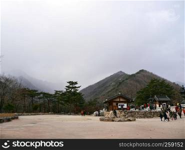 Sokcho city / South Korea - February 2018: Beautiful place in Seoraksan National Park with the view to mountains into the mist