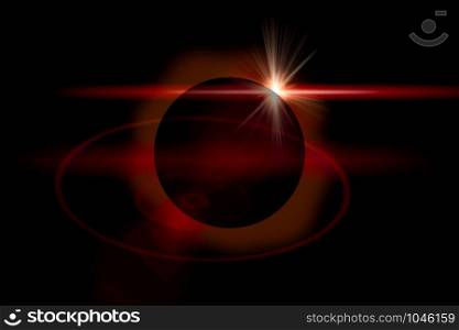 Solar eclipse with orange halo on black sky background.