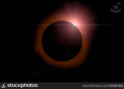 Solar eclipse with orange halo on black sky background.