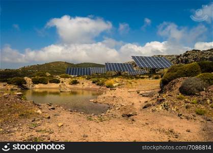Solar farm in the mountains of Crete island in Greece