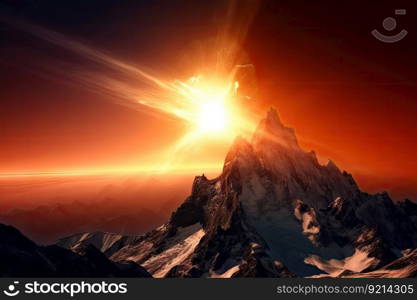 solar flare, with its intense beam of light, shining down on majestic mountain range, created with generative ai. solar flare, with its intense beam of light, shining down on majestic mountain range