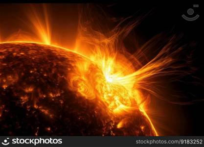 solar flare, with view of the sun&rsquo;s surface, showing the intense and powerful energy of the flare, created with generative ai. solar flare, with view of the sun&rsquo;s surface, showing the intense and powerful energy of the flare