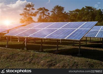 Solar module panels against sunset sky background. Environmental energy resources concept.