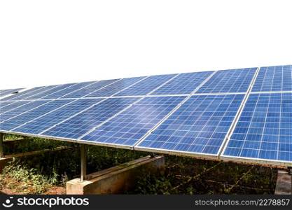 Solar module panels with green grass isolated on white background with clipping path. Environmental energy concept.