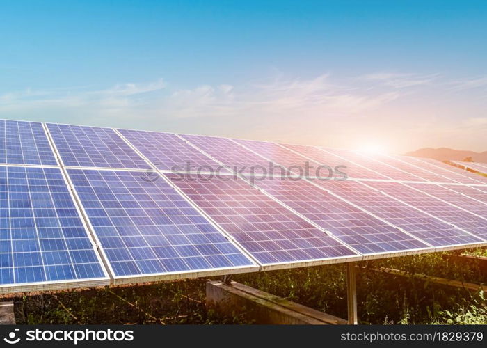 Solar panel against blue sky background. Photovoltaic, alternative electricity source. Idea for sustainable resources