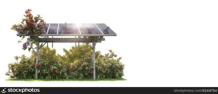 Solar panel in fruit trees on white background, isolate. Clean technologies of future. AI generated. Concept of renewable ecological resources. Header banner mockup with space.. Solar panel in fruit trees on white background, isolate. Clean technologies of future. AI generated.