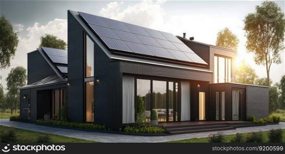Solar panel on home roof of suburban villa clean sustainable electrical source
