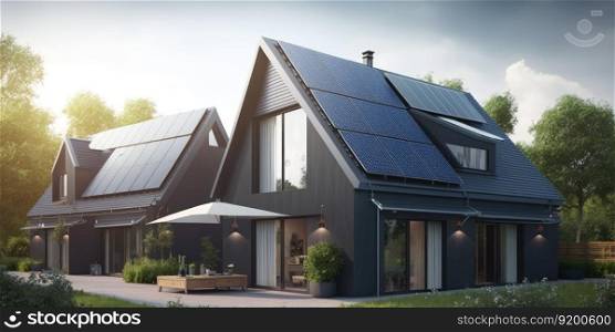 Solar panel on home roof of suburban villa clean sustainable electrical source