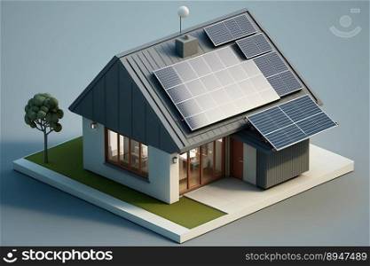 Solar panels on an idilic 3D house. Natural resource of energy. Generative AI