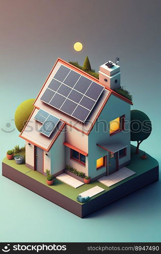 Solar panels on an idilic 3D house. Natural resource of energy. Generative AI