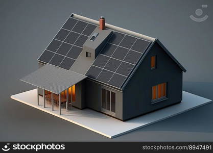 Solar panels on an idilic 3D house. Natural resource of energy. Generative AI