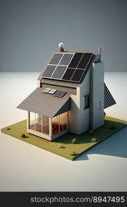 Solar panels on an idilic 3D house. Natural resource of energy. Generative AI