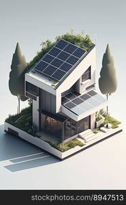 Solar panels on an idilic 3D house. Natural resource of energy. Generative AI