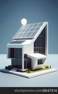 Solar panels on an idilic 3D house. Natural resource of energy. Generative AI