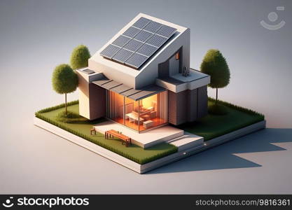 Solar panels on an idilic 3D house. Natural resource of energy. Generative AI