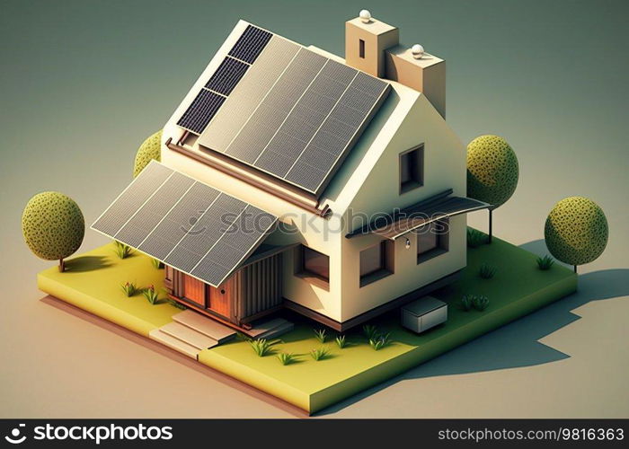 Solar panels on an idilic 3D house. Natural resource of energy. Generative AI