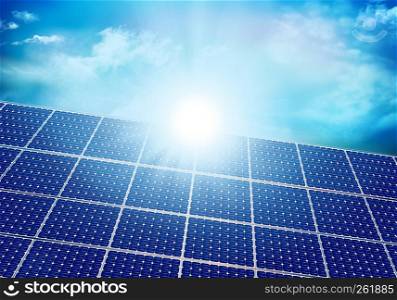 Solar photovoltaic panel with sun reflection. Background with sky and clouds. 3D illustration