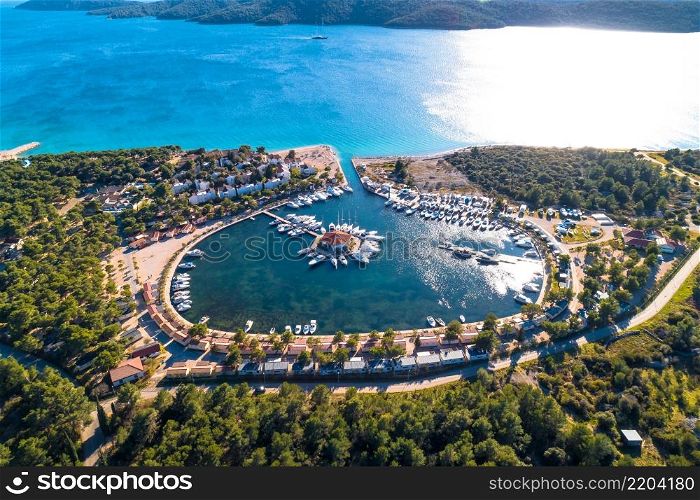 Solaris Sibenik. Adriatic coast landscape aerial panoramic view, Sibenik archipelago, Dalmatia region of Croatia