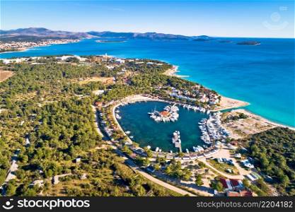 Solaris Sibenik. Adriatic coast landscape aerial panoramic view, Sibenik archipelago, Dalmatia region of Croatia