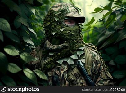 Soldier in camouflage illustration. AI generative.