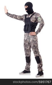 Soldier in camouflage isolated on white