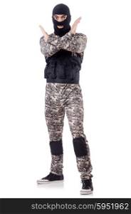 Soldier in camouflage isolated on white