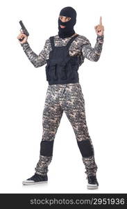 Soldier in camouflage with gun on white