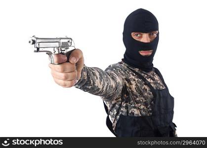 Soldier in camouflage with gun on white