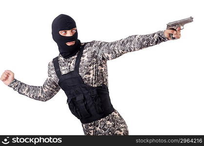 Soldier in camouflage with gun on white