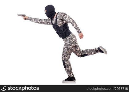 Soldier in camouflage with gun on white