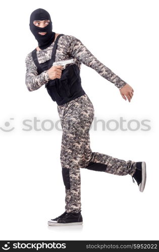 Soldier in camouflage with gun on white