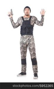 Soldier in camouflage with gun on white