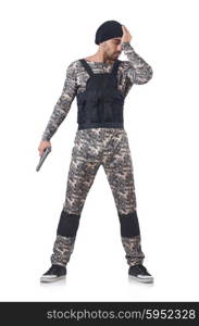 Soldier in camouflage with gun on white