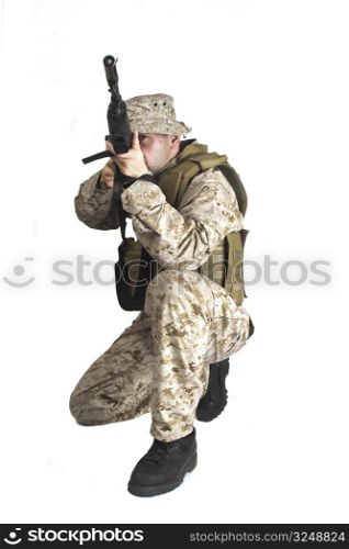 Soldier in desert suit and flak-vest.