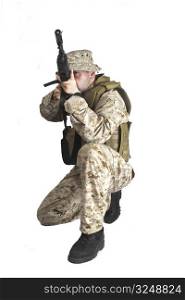 Soldier in desert suit and flak-vest.