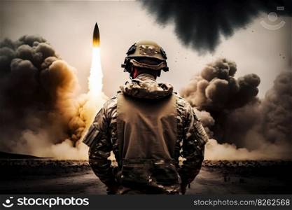 Soldier in front of a ballistic missile launch. Neural network AI generated art. Soldier in front of a ballistic missile launch. Neural network AI generated