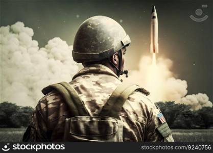 Soldier in front of a ballistic missile launch. Neural network AI generated art. Soldier in front of a ballistic missile launch. Neural network AI generated
