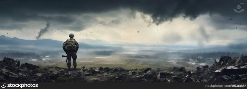 Soldier Overlooking Battle Aftermath. Generative ai. High quality illustration. Soldier Overlooking Battle Aftermath. Generative ai