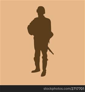 Soldier silhouette on beige background; illustration