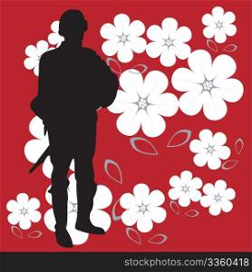 Soldier silhouette on bright red and powerful background with flowers