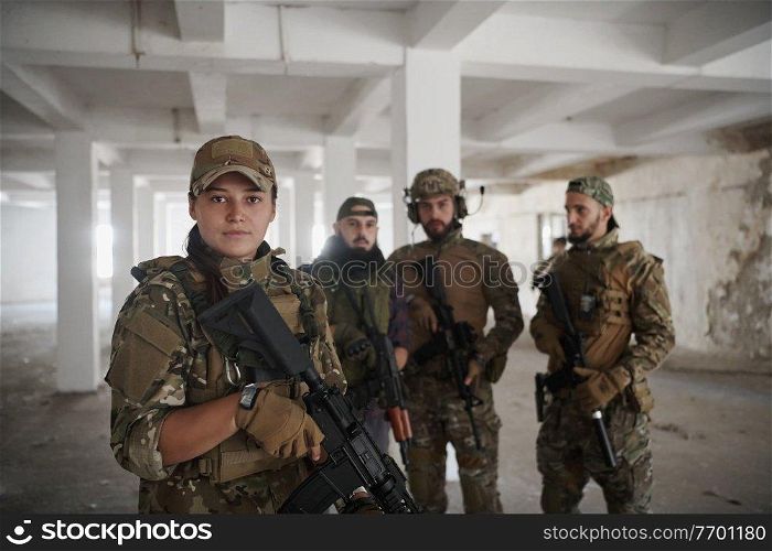 soldier squad team portrait in urban environment relaxed after action and battle