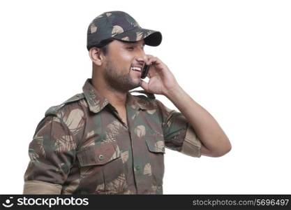 Soldier talking on cell phone