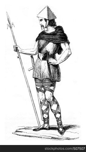 Soldier under Charles Martel, of after Montlucon, vintage engraved illustration. Magasin Pittoresque 1842.